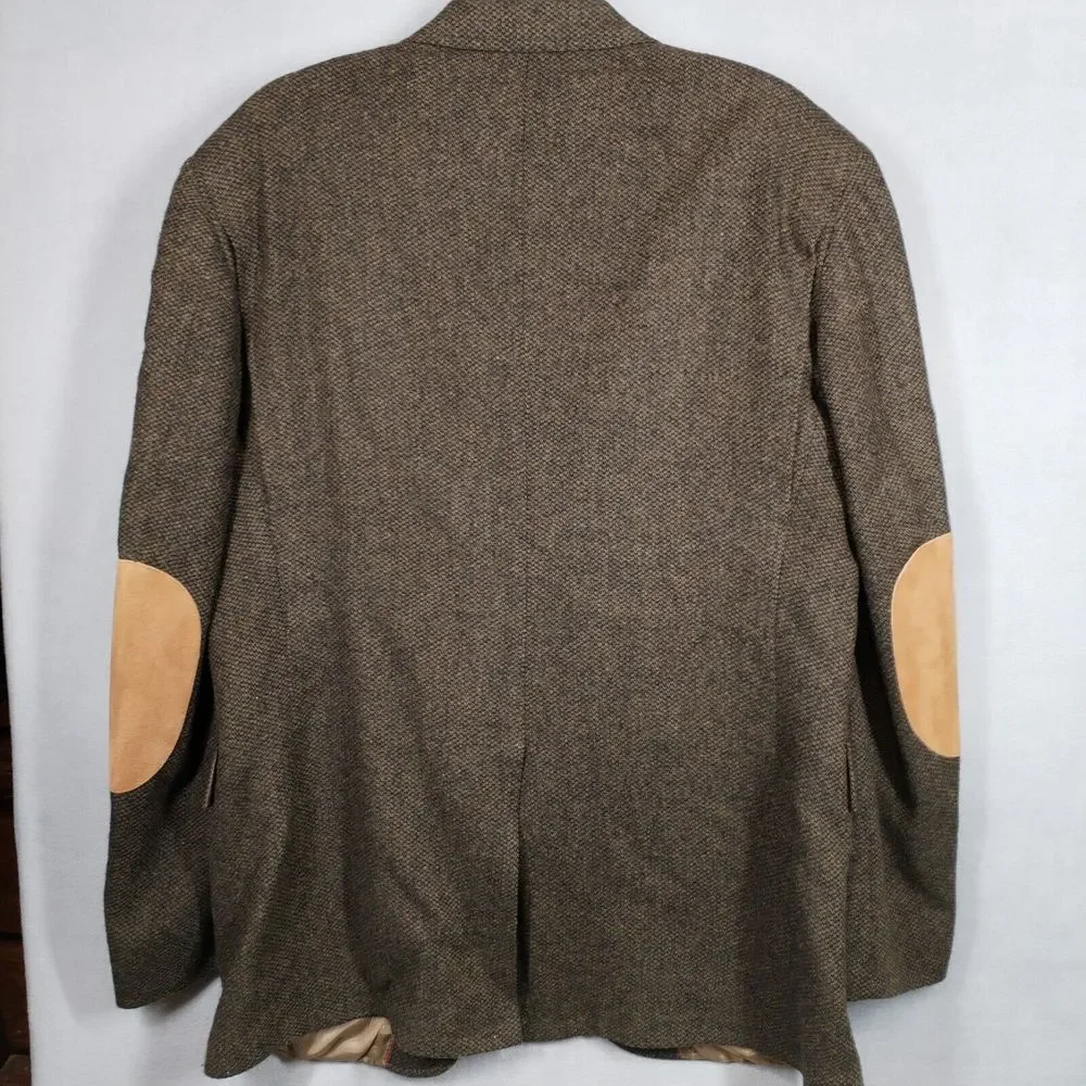 Mens Wool Tweed Jacket Suede Elbow Patch 2 Button Blazer 43L Vintage Evan-Picone